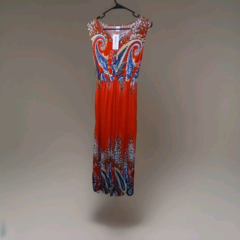 Bodafa Maxi Dress Boho Paisley Print Red Silk Blend Women's Size Medium NWT